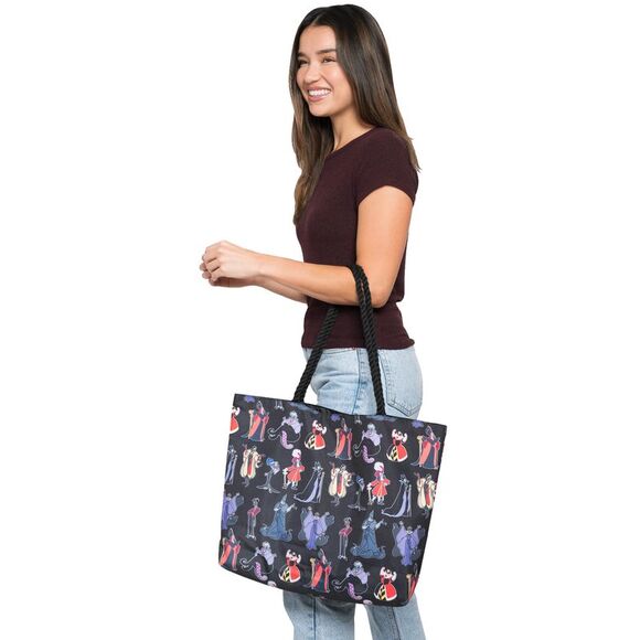 Womens Disney Villains Tote Bag Rope Handle Travel Beach Carry-on Cruella Black - Picture 1 of 7